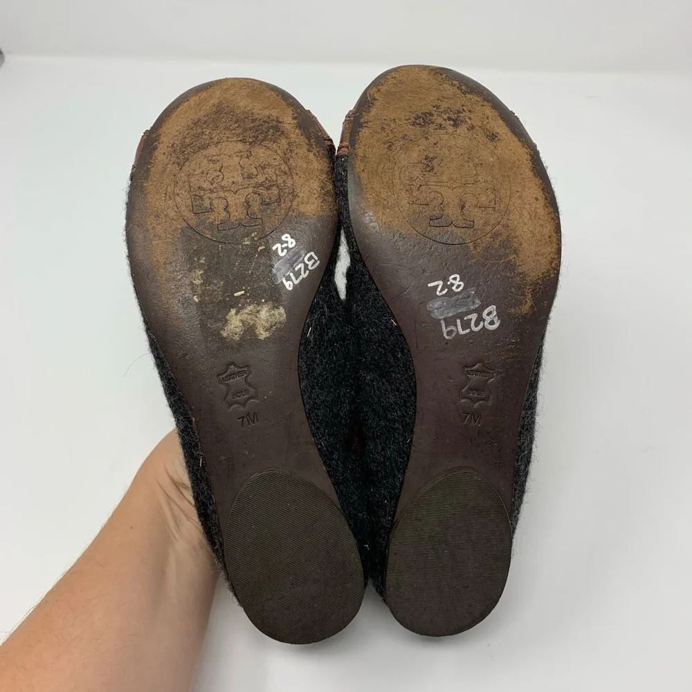 Tory Burch Brown Leather & Charcoal Wool Logo Ballet Flats